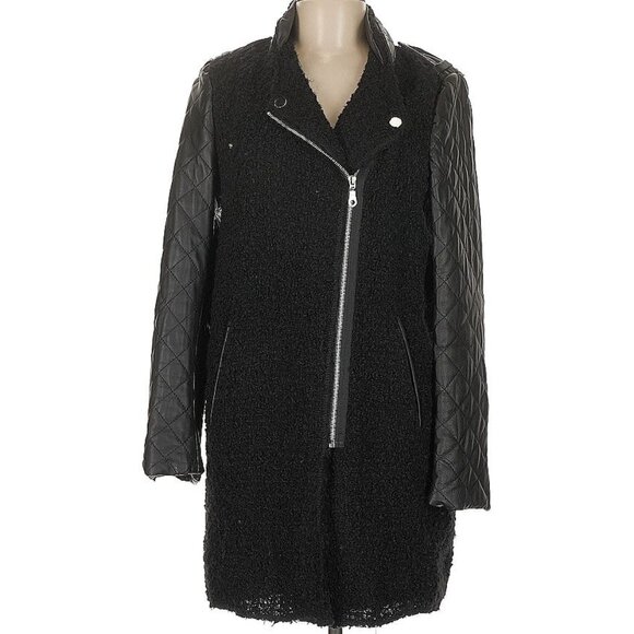 💥EDGY CHIC💥QUILTED LAMBSKIN LEATHER SLEEVES MOHAIR MOTO COAT in BLACK - Picture 14 of 16